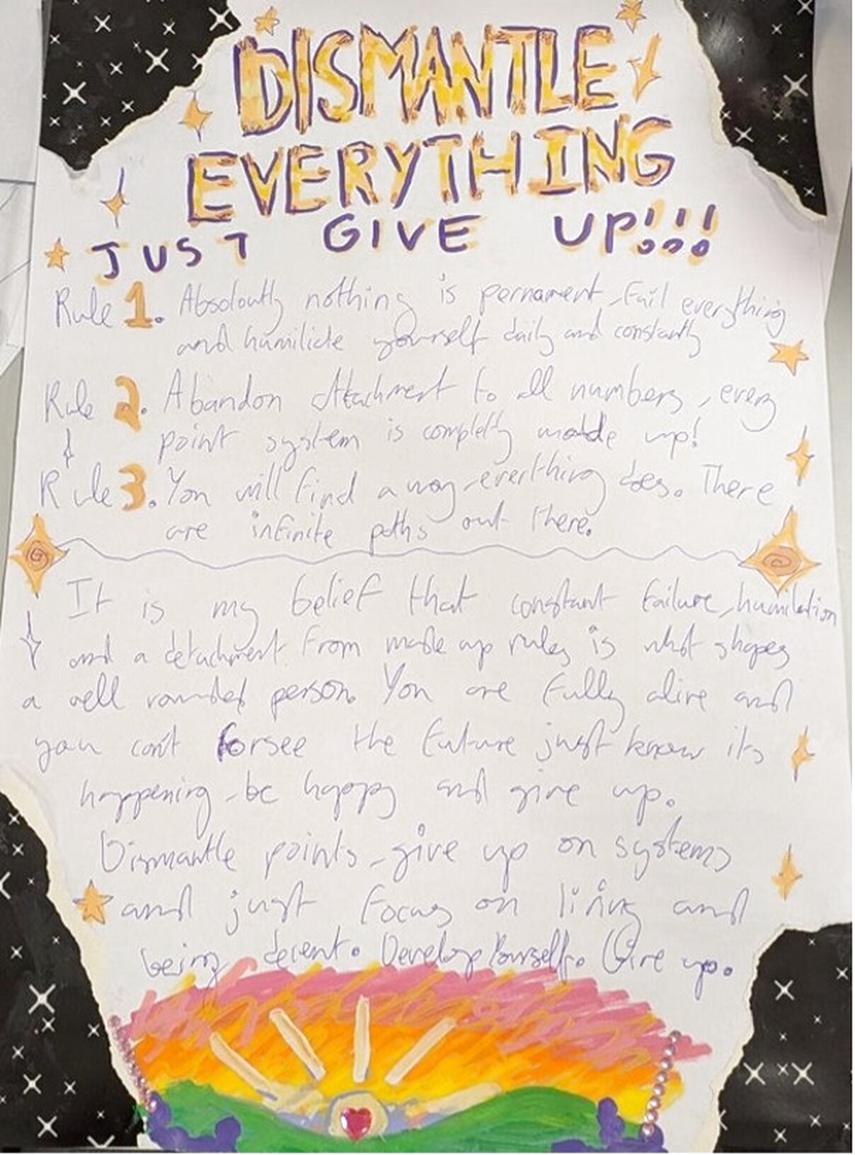 Youth-created artwork reading Dismantle Everything, Just Give Up